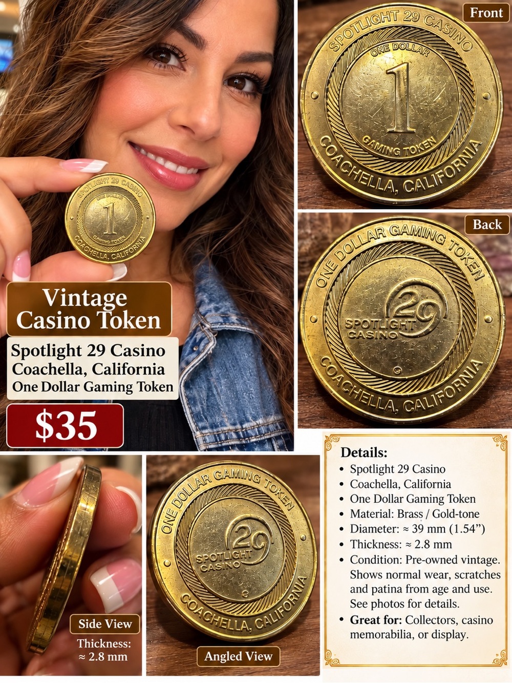 Gold-Tone One Dollar Gaming Token - Coachella, California